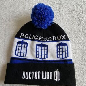 Doctor Who Hat Dr Tardis Police Public Call Box Embroidered Knit Pom Beanie
